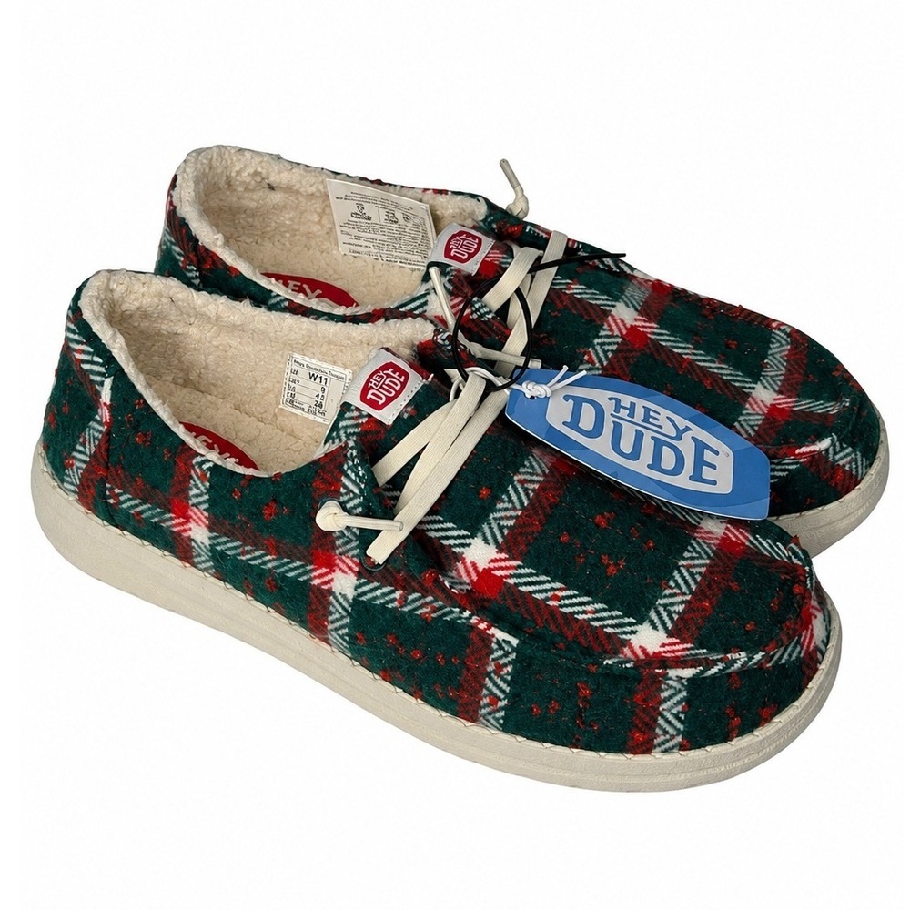 Hey Dude Wendy Plaid Loafers Women 11 Red Green Cozy Christmas Slip On Shoes New